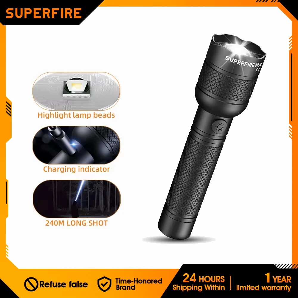 SUPERFIRE F1 Rechargeable LED Flashlight 240m Portable Powerful Bright Flashlights Camping Lamp for Outdoor Hiking Self Defense