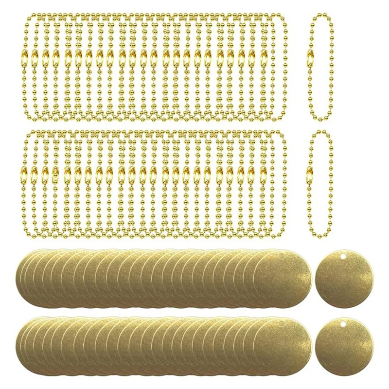 50Pcs 1Inch Brass Valve Tags Stamping Blank with Hole 2.4mm Ball Chains for Pipe Valves,Equipment,Tool Keys Labeling