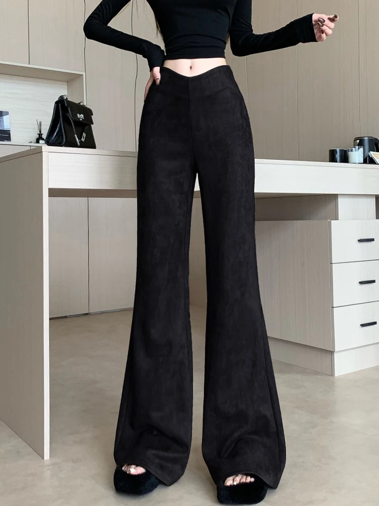 Retro micro flared pants women's autumn winter deer fur casualdesign sense v high waist slim fit floor length trousers