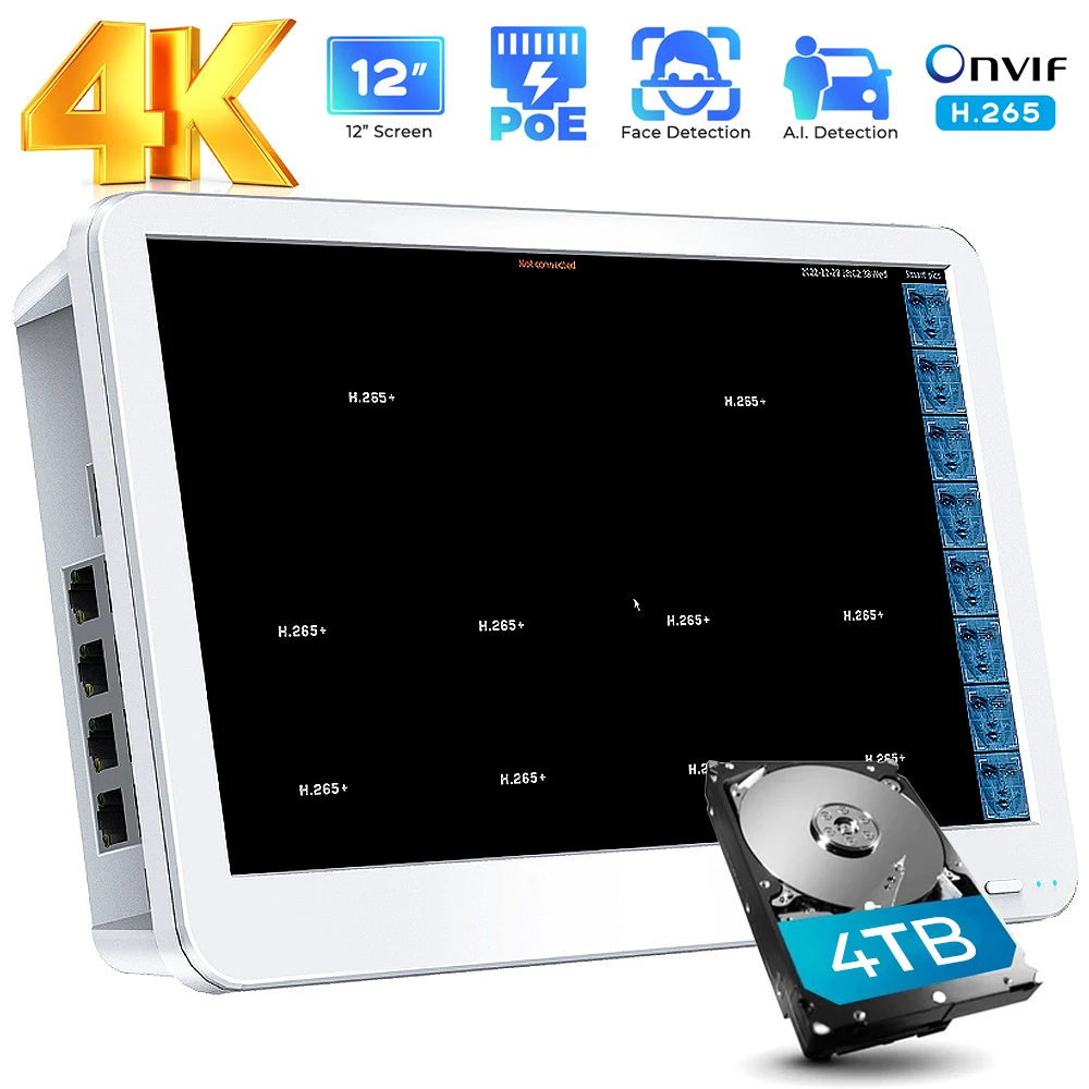 4K 4-8CH PoE NVR with Screen ONVIF 8-Channel Face & Vehicle Detect Network Video Recorder for Home Security Camera System