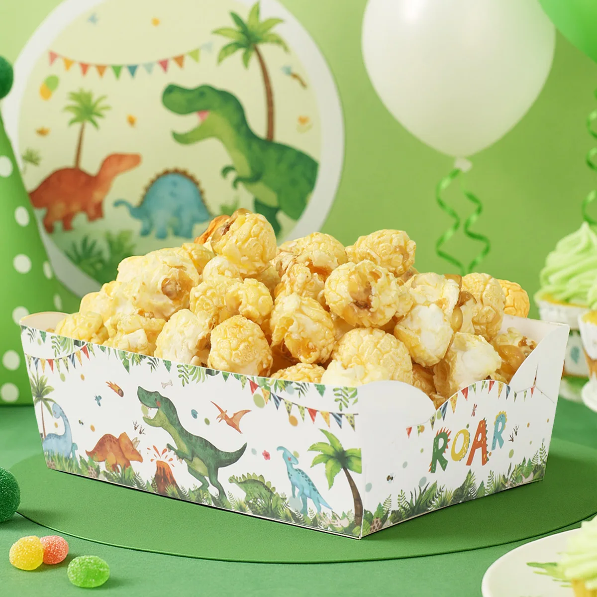 6 Stück niedliche Dinosaurier-Essenstabletts, Triceratops, bedrucktes Snack-Pommes-Tablett für Dinosaurier-Geburtstagsparty, braucht Snackboxen, Brüllen von Snackboxen