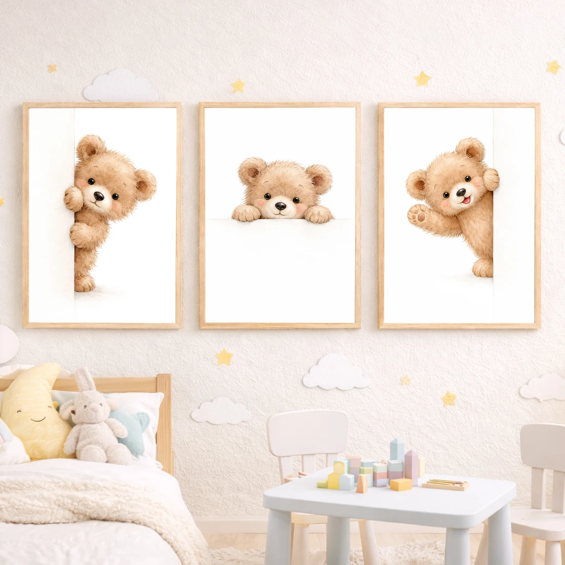 Watercolor Peekaboo Teddy Bear Wall Art, Cute Brown Bear Nursery Decor, Kids Room Animal Painting Poster
