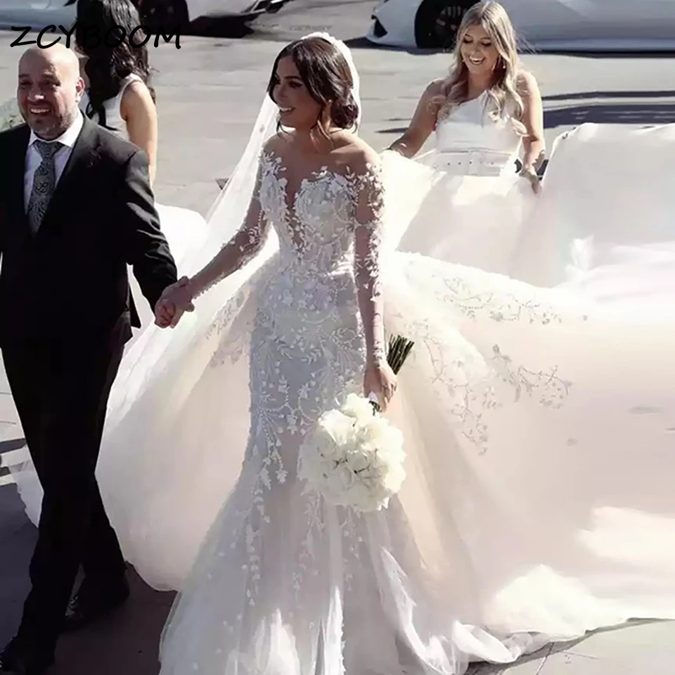 Customized Luxury Mermaid 2 In 1 Detachable Train Wedding Dresses 2026 Long Sleeves Lace Applique Bride Gowns Vestido De Novia
