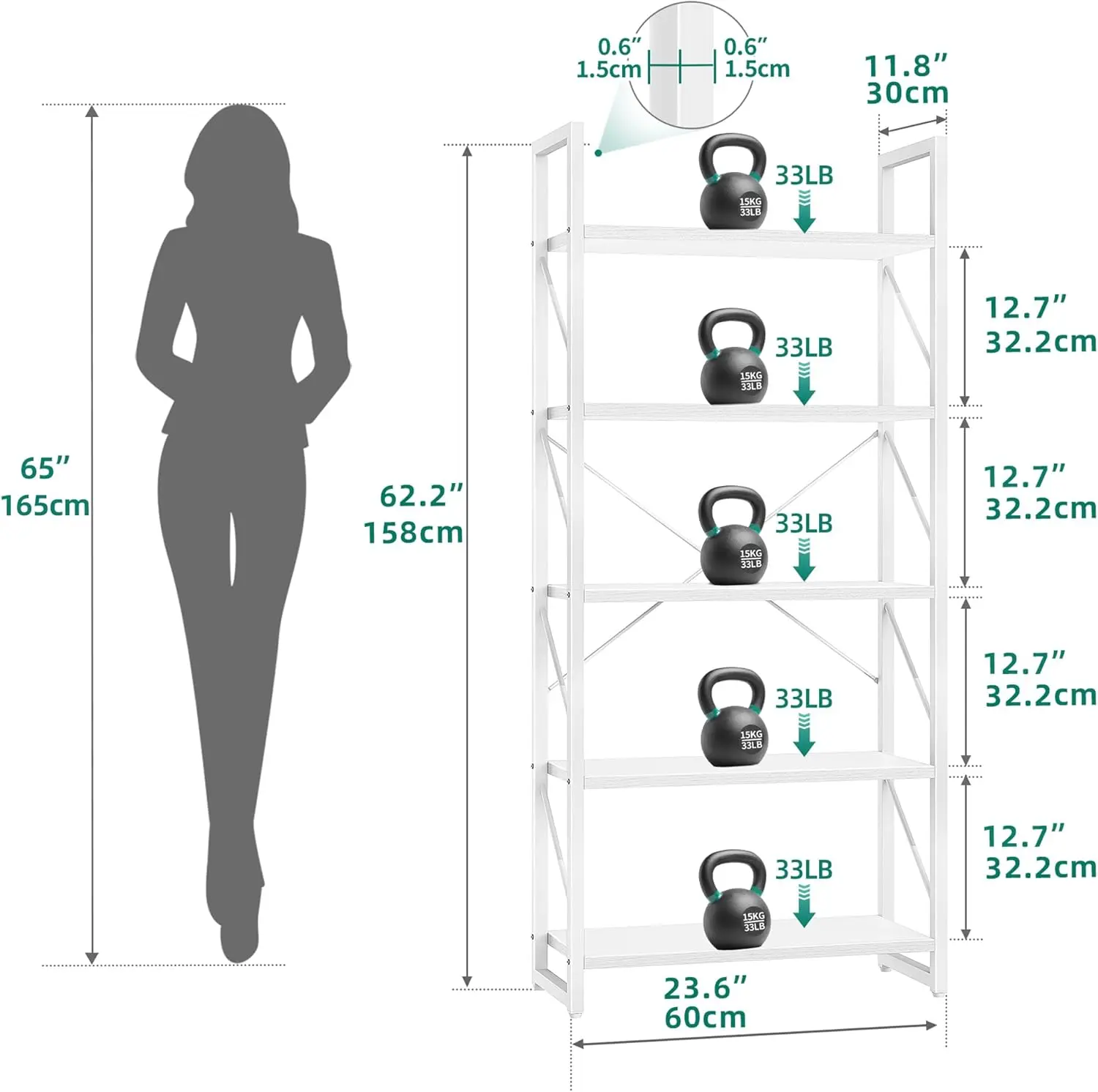 5 Tiers Bookshelf, Modern White Bookcase, Book Holder Organizer, Display Storage Rack Standing Shelves for Bedroom Living Room