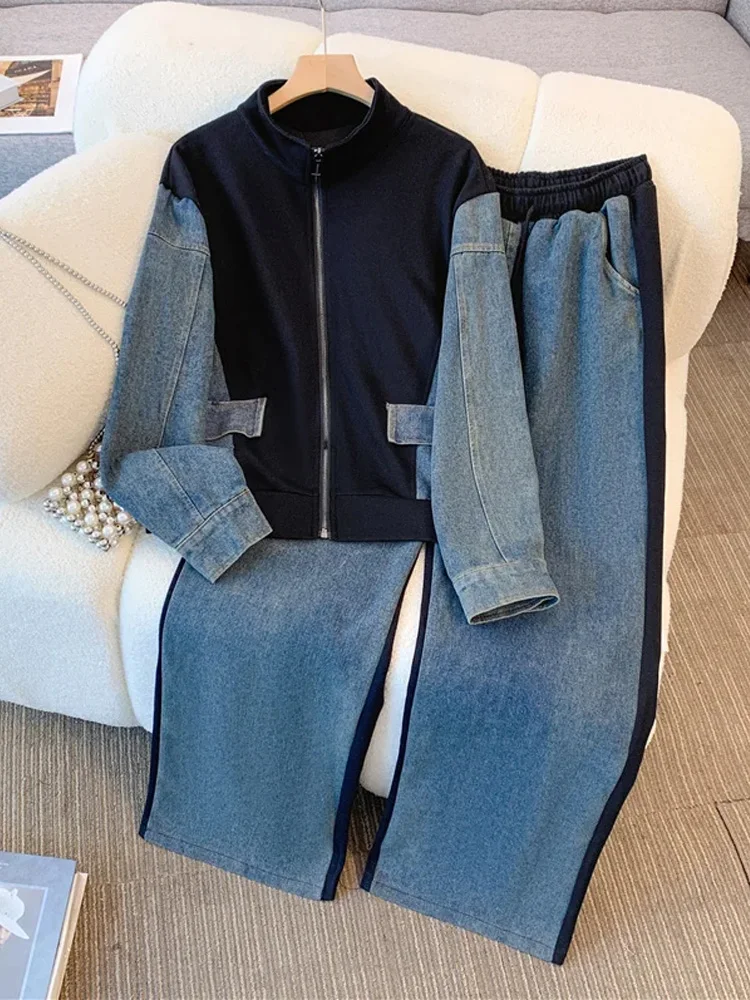 

Denim Pants Sets Stand Collar Patchwork High Street Coats Tops Wide Leg Straight Gothic Jeans Vintage Simple Two-piece Set