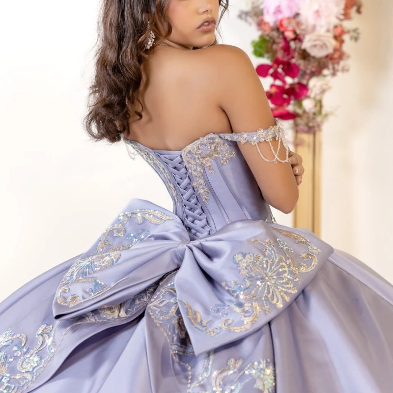 Navy Blue Shiny Quinceanera Dresses Off The Shoulder Goldv Applique Lace Beading Bow Party Birthday Sweet 16 Dress Vestidos 15