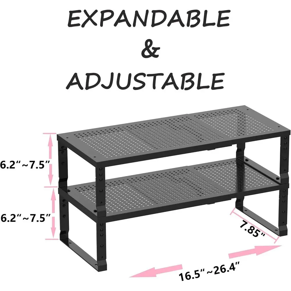 拡張可能なメタル収納ラック - 2個パック 中サイズ ブラック、家庭、キッチン、バスルーム、オフィス、ガレージに最適