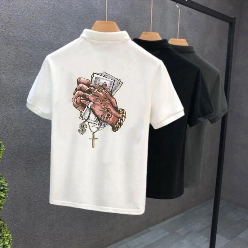 Men's Casual Polo Shirt Summer Short Sleeve Streetwear Unique Playing Card Print Button Tee Breathable Cotton Blend Tops