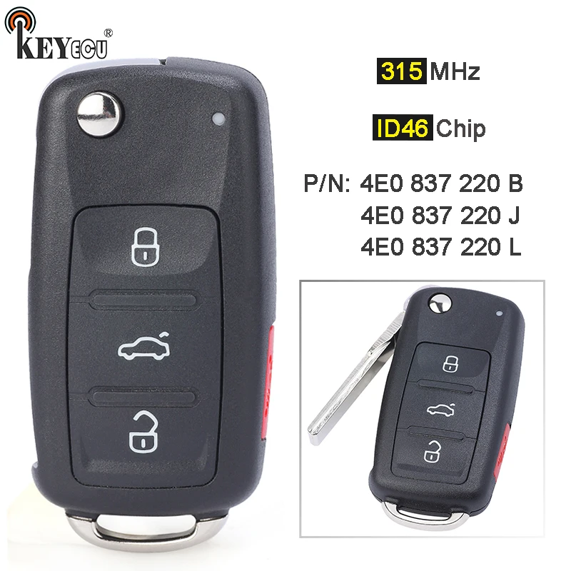 KEYECU 315MHz ID46 P/N: 4E0 837 220 B/ 4E0 837 220 J/ 4E0 837 220 L Replacement Flip Remote Key Fob for Audi A8 S8 2003-2009