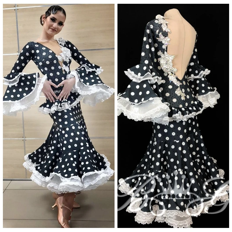 

Modern Waltz Tango Ballroom Dance Dress,Smooth Ballroom Dress,Paso Competition Costume Flare Sleeve dots Print