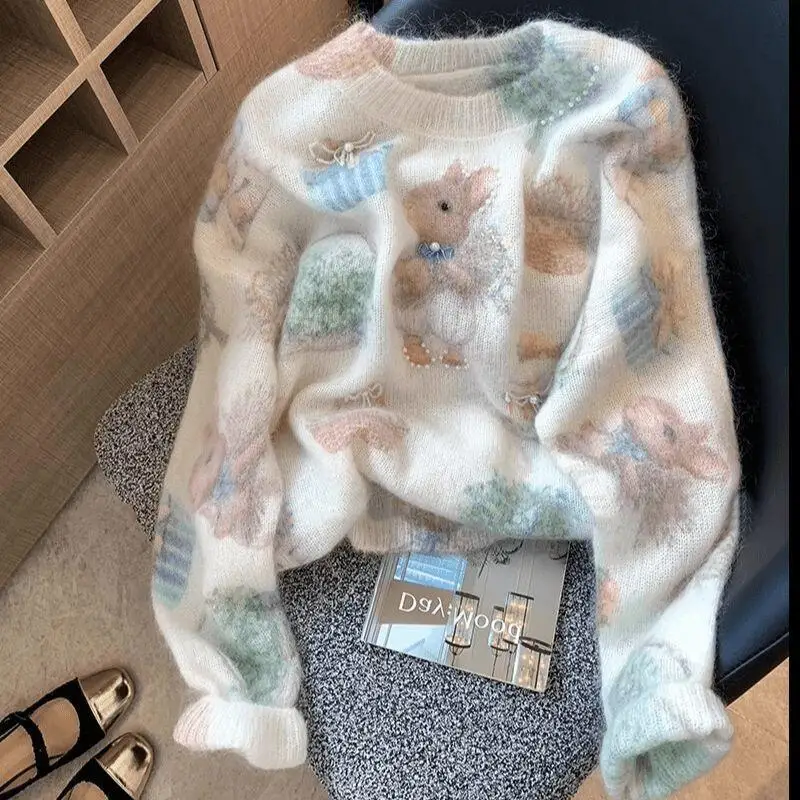 

Newautumn Winter Fashion Light Luxury Women Clothing Cute Printed Nail Bead Tops Sweet Gentle Style Loose Versatile Knit Sweater