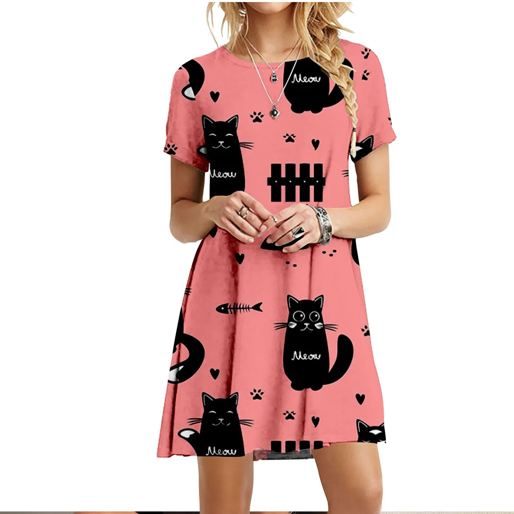 Cute Fashion Cartoon Cats Dresses For Women 2022 Short Sleeve Summer Loose Clothing Oversized Street Casual Pattern Print Dress