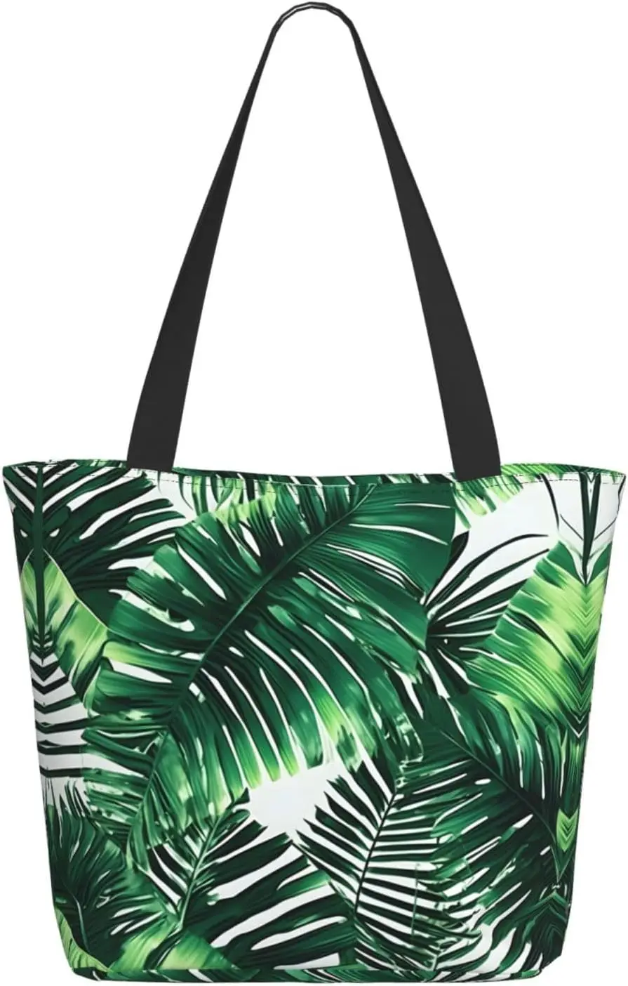 Tropical Palm Banana Leaves Tote Bag with Zipper for Women Inside Mesh Pocket Heavy Duty Casual Anti-water Cloth Shoulder