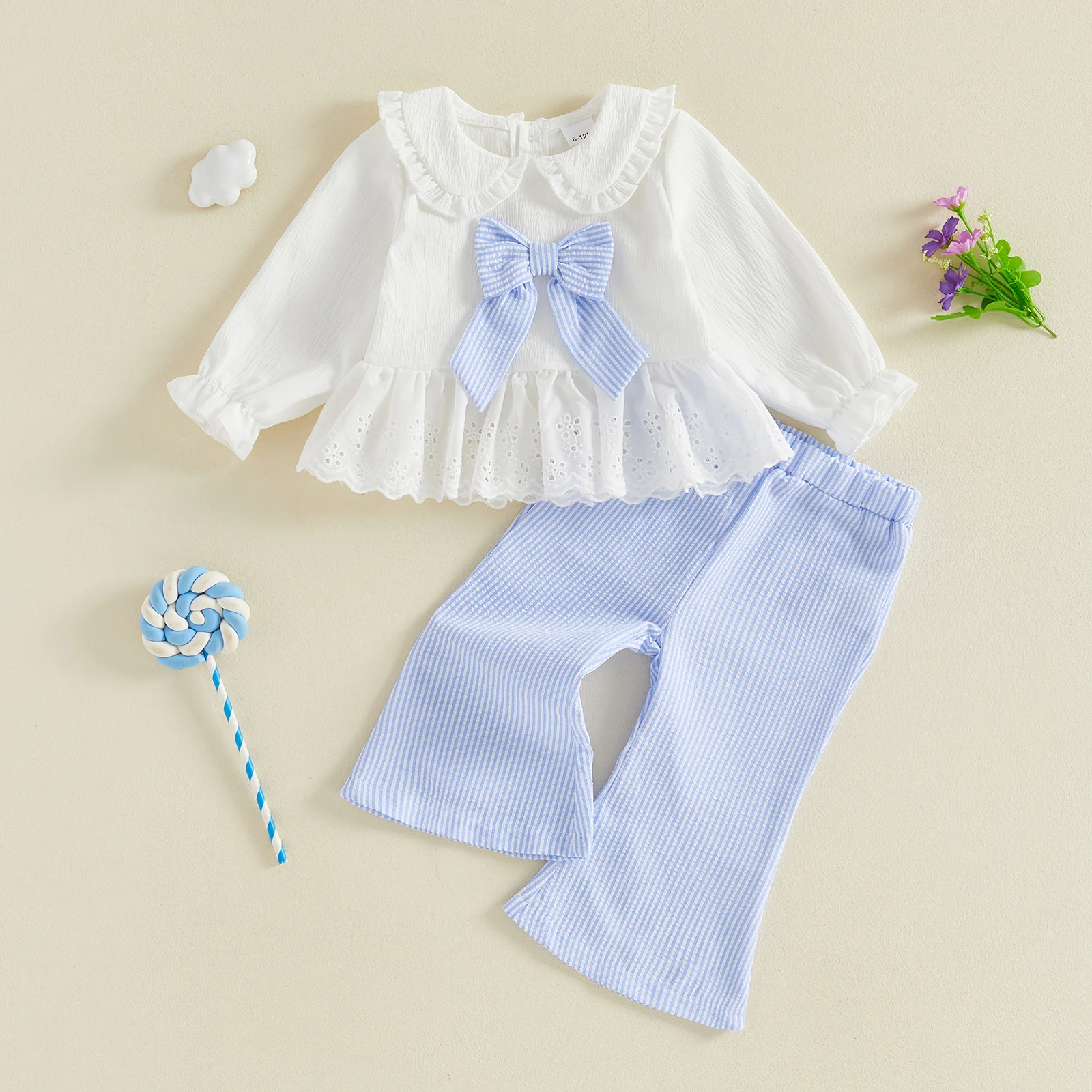 Girls Fall Outfits Long Sleeve Doll Collar Lace Shirt Tops Striped Flared Pants Set Cute Kids Clothing
