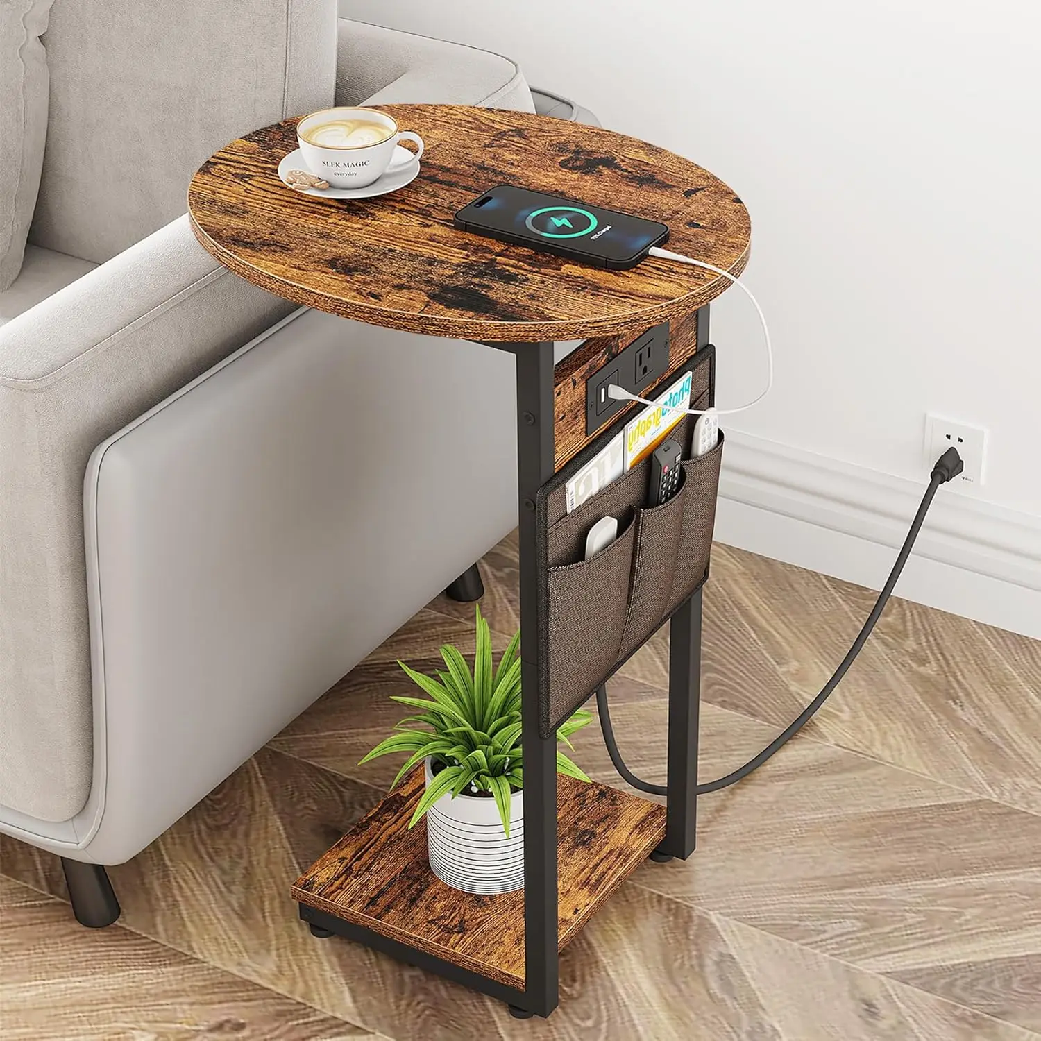 

C-Shaped End Table with Charging Station, Rustic Brown Round Side Table for Sofa, TV Tray Slide Under Couch, Small Living Room B