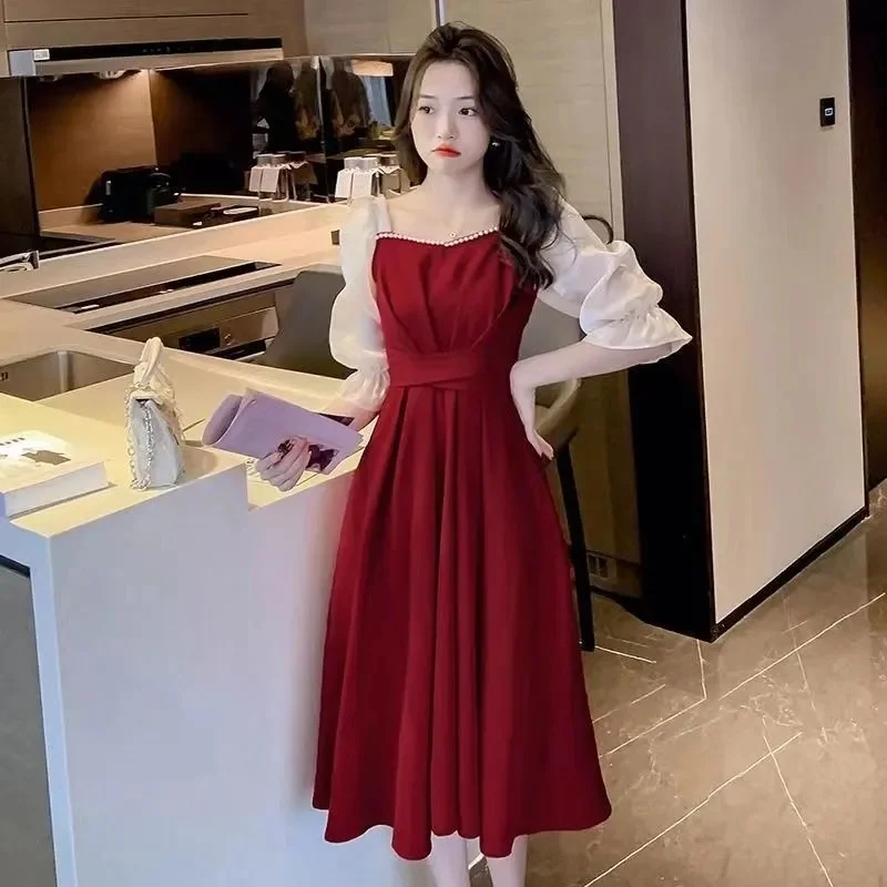 2024 Spring and Autumn New Red Dress with Waist Tie up for Slimming Meat Covering French Square Neck Long Style Elegant Dress WF