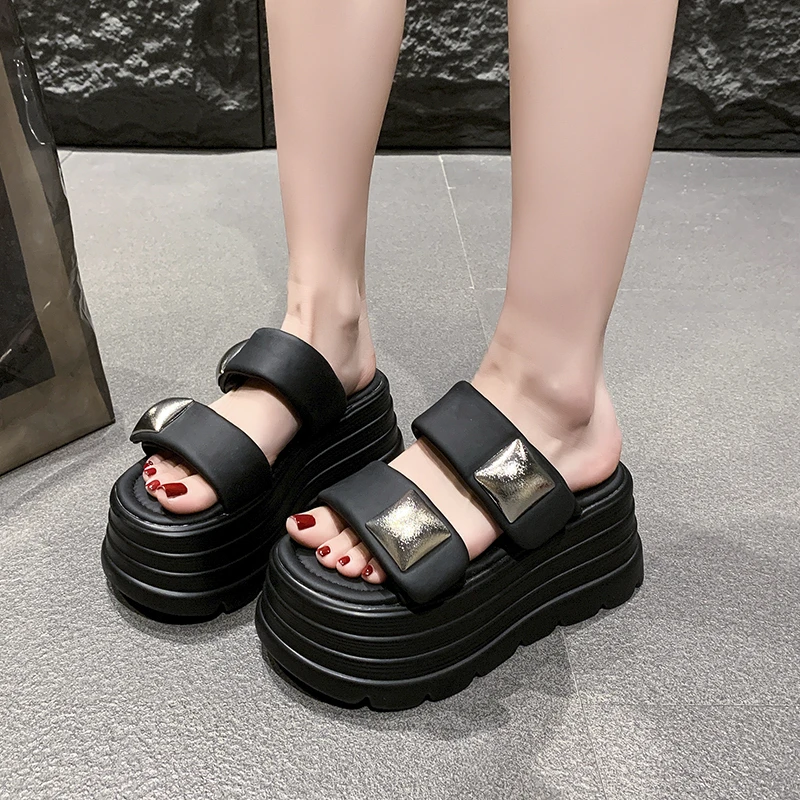 New Women Ladies Double Strap Chunky Layered Platform Slides Mules Open Toe Minimal Luxury Casual Summer Sandals Slippers Shoes