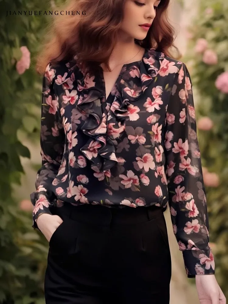 Ganzkörper-Chiffonbluse mit Blumendruck für Damen – Rüschen-Langarmshirt mit Rundhalsausschnitt, locker sitzendes, lässiges Oberteil für Frühling/Sommer