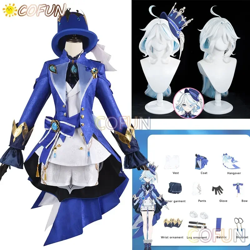 

COFUN Focalors Cosplay Game Genshin Impact Fontaine God Of Justice Blue Pants Uniform Vision Hat Hydro Full Set