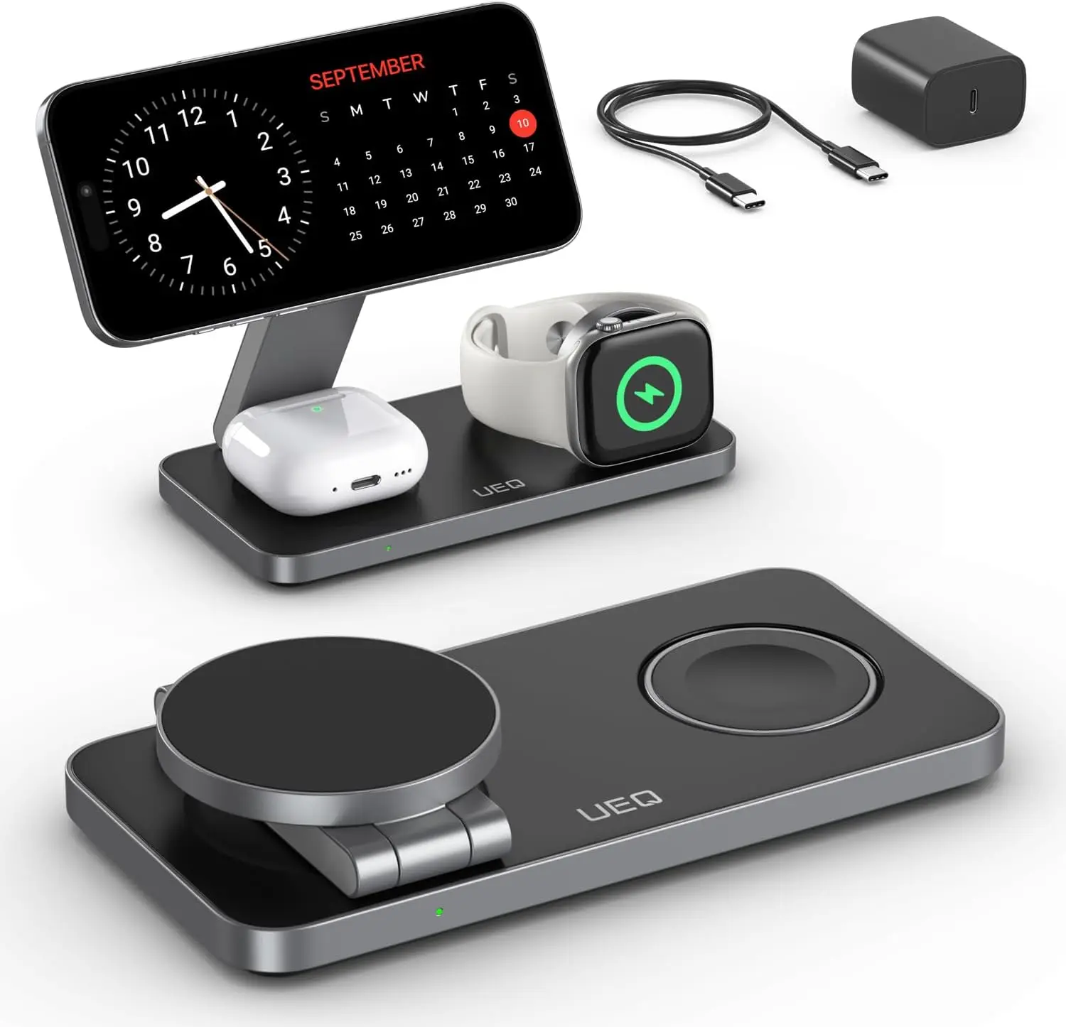 Foldable 3 in 1 Wireless Charging Station for Charger Stand,Fast Magnetic Wireless Charger Station for iPhone,Ultra (Pure Black)