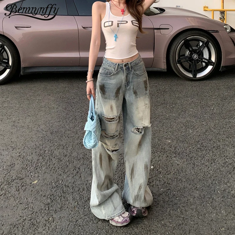 

Benuynffy American Retro Ripped Holes Distressed Jeans Women's Streetwear Bf Style High Waisted Straight Wide Leg Denim Pants