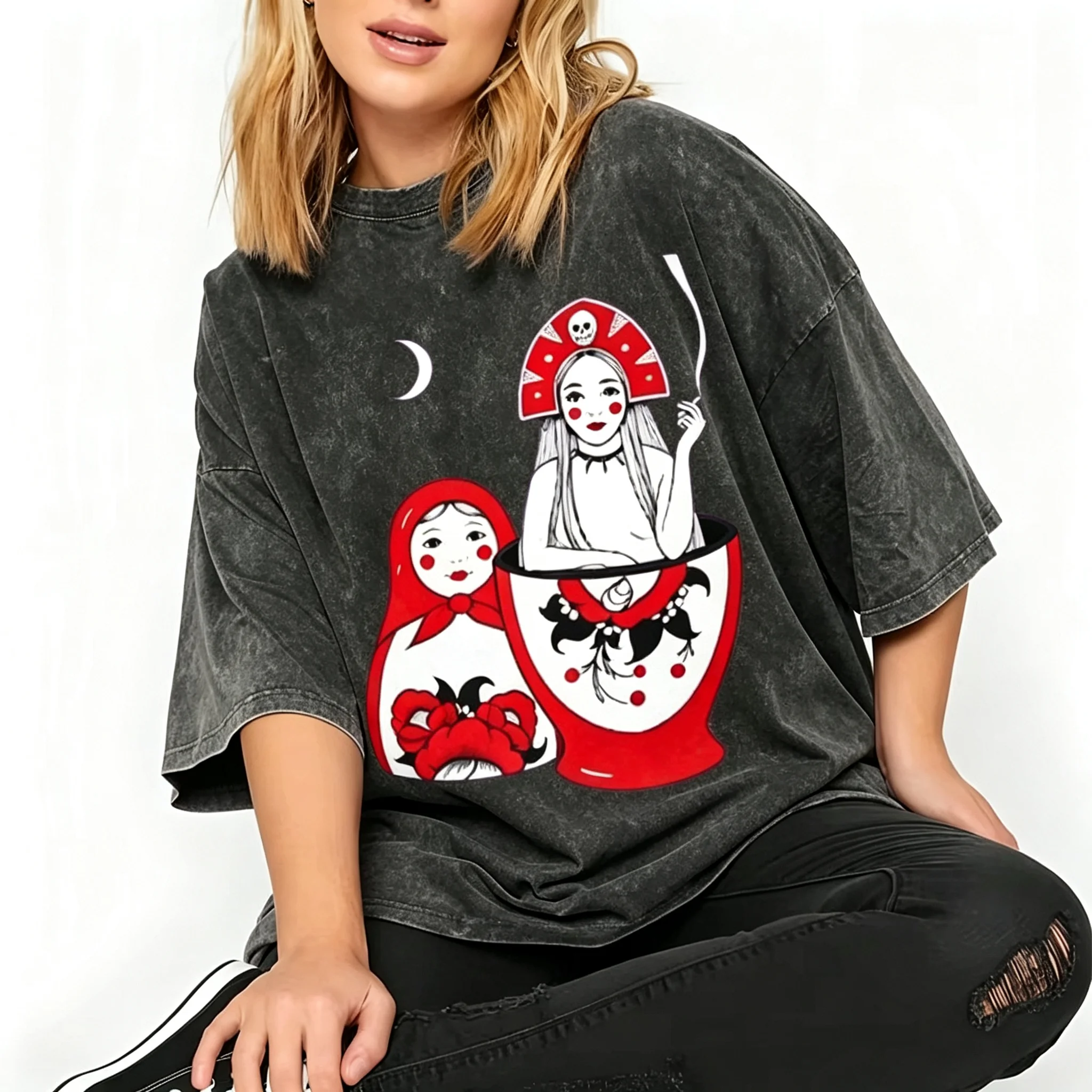 Women Oversized T‑Shirt Russian Doll Graphic Tee Vintage Washed Y2K Gothic Aesthetic Short Sleeve Crewneck Casual Streetwear Top