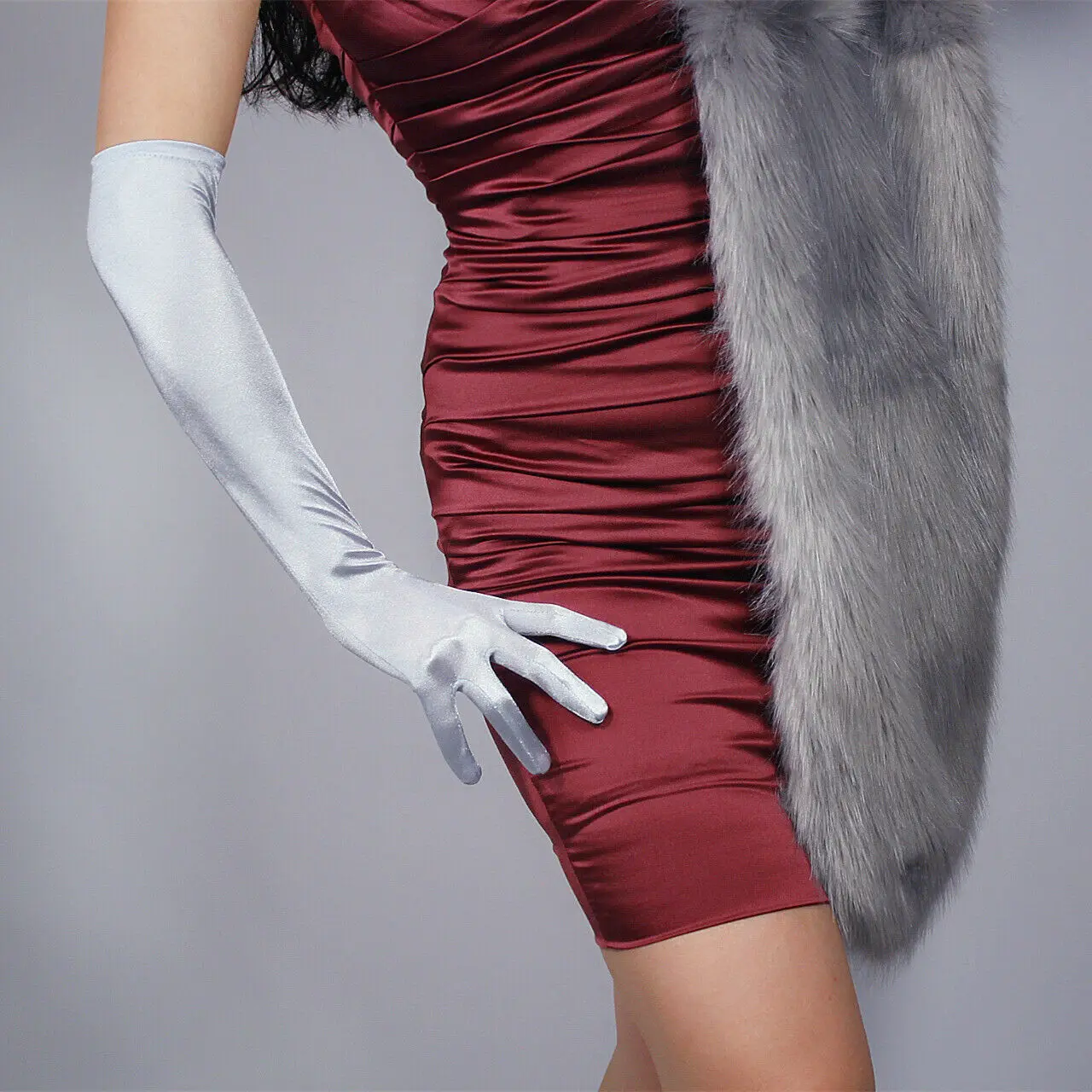 Lavender Satin GLOVES Stretch Silk Elbow 50cm 20" Long Opera Evening Halloween Cosplay Costume Wedding Bridal Fashion Glove