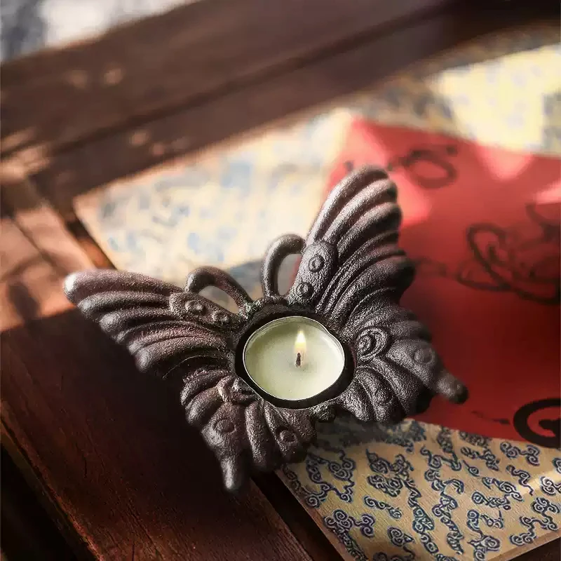 Rustic Cast Iron Butterfly Votive Tea Light Candle Holders Pair Antique Style Handcrafted Heavy Metal Patio Decor Lights 5