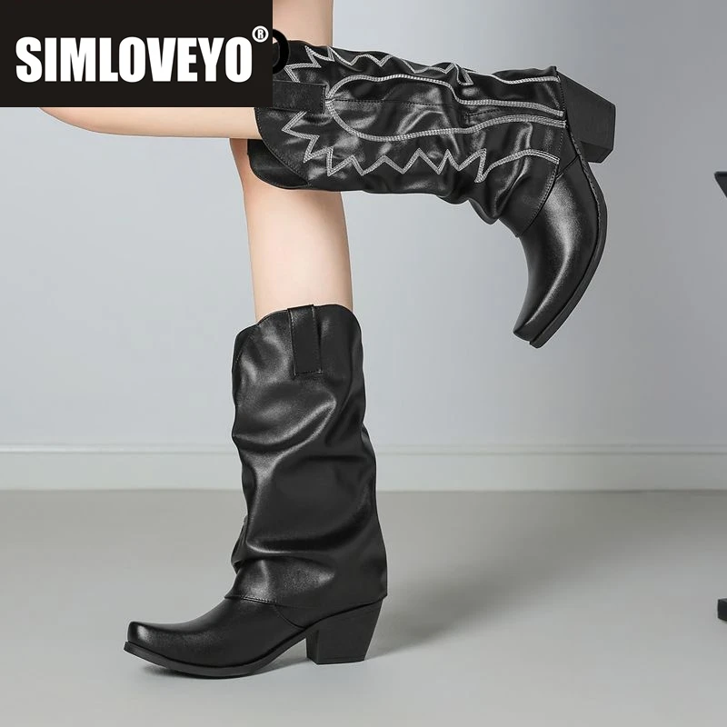 

SIMLOVEYO 2025 Новые ботинки в стиле вестерн с квадратным носком и блочным каблуком 6 см, замшевые слипоны с вышивкой, большие размеры 42 43 на каждый день до середины икры Bota