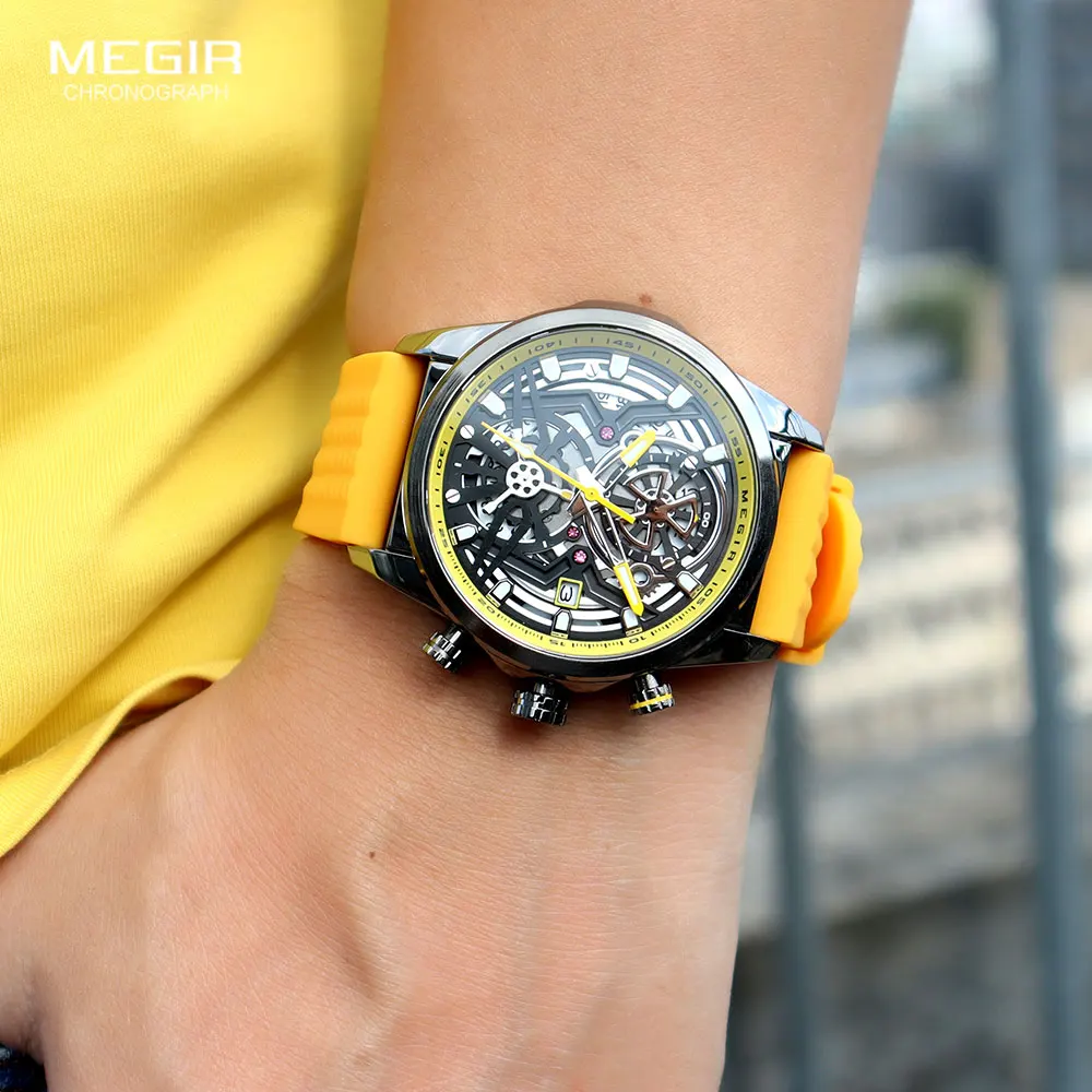 MEGIR Chronograph Quartz Watch Men Fashion Waterproof Yellow Silicone Strap Sport Wristwatch with Luminous Hands Auto Date 2235