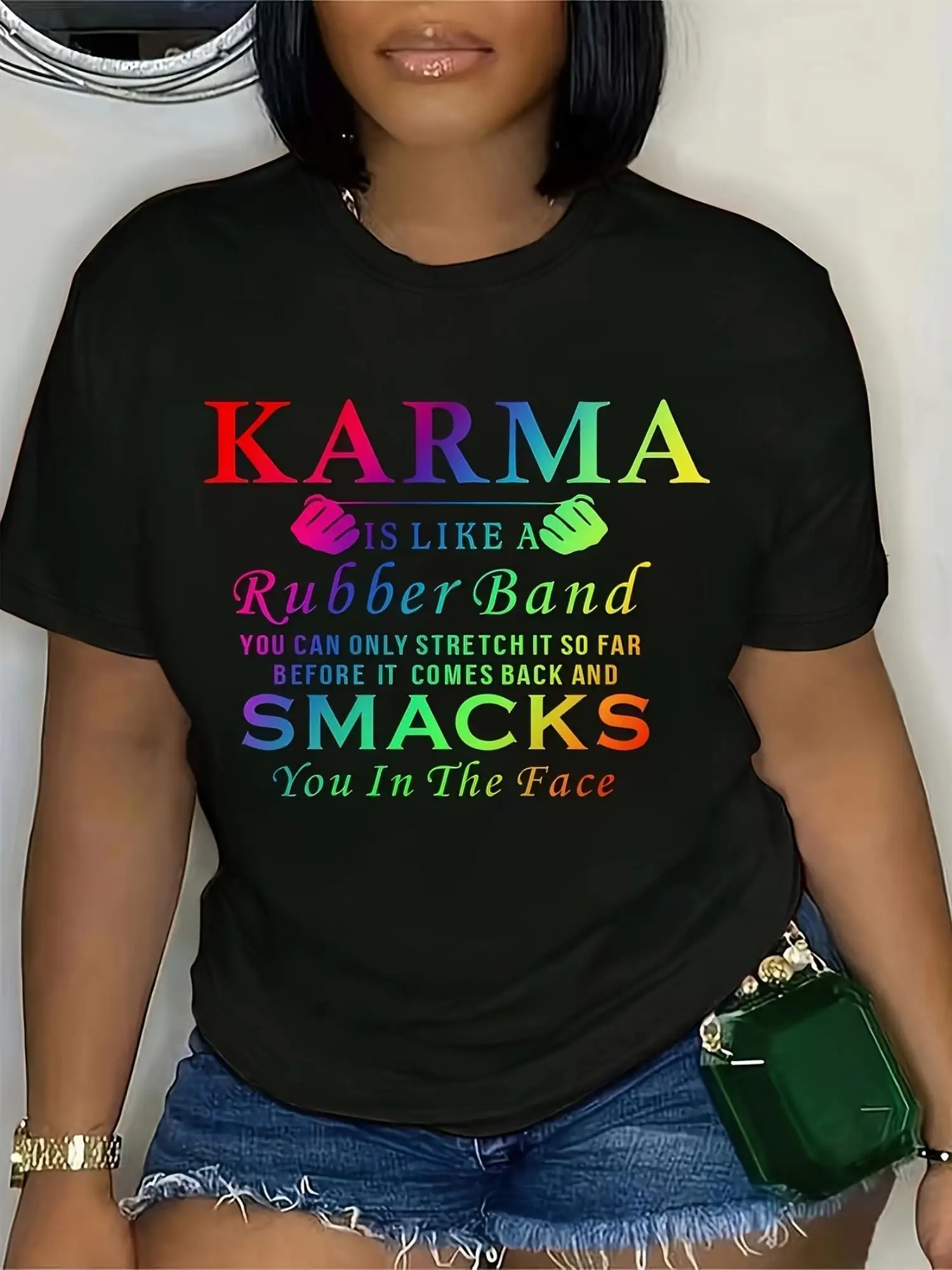

Красочная футболка с принтом Карма, модная весенне-осенняя повседневная футболка, женская одежда