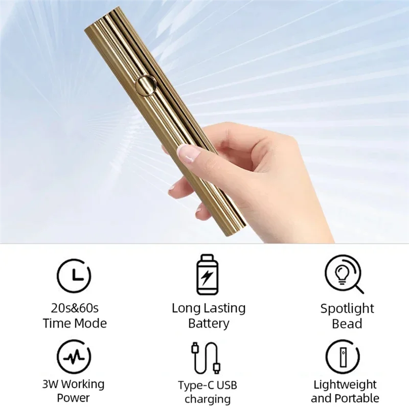 ABAG Mini UV LED Nail Dryers 3W Portable Quick Nail Drying Lamp USB Rechargeable Mini Flashlight Pen, Durable Easy To Use Gold