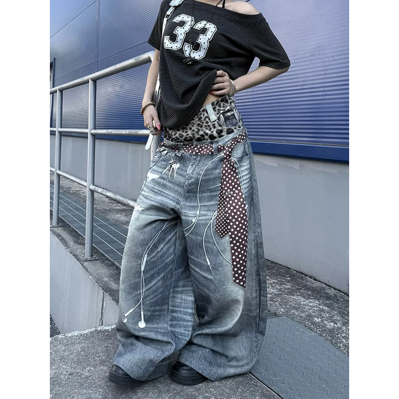

YIBASHU Women Blue Y2k Oversize Jeans Harajuku Vintage Baggy 3D Print Denim Trouser Japanese 2000s Style Hip Hop Jeans Pants