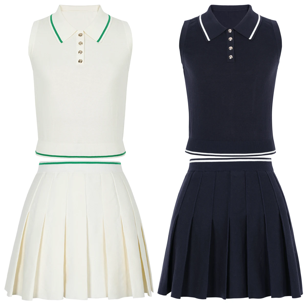 

High Quality Spot Summer New Item Slimming Sleeveless Lapel Knitted Pullover Sweater Slim Fit Pleated Short Skirt Women's Set