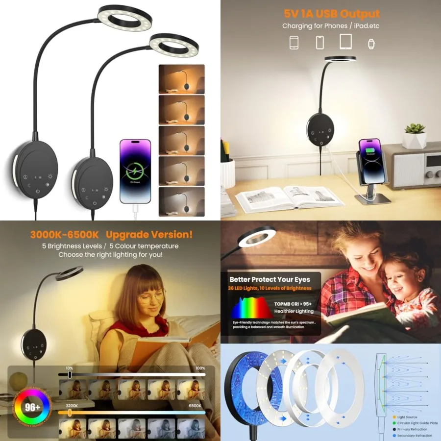 

Wall Mounted Reading Light, Headboard Reading Lamp with 5 Color Temperature and5 Dimming, 360°Flexible Gooseneck, USB Output, N