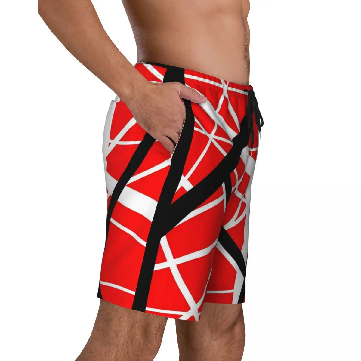 Summer Board Shorts Men's Van Halen Surfing Red Black and White Line Art Printed Beach Shorts Comfortable Swim Trunks Plus Size