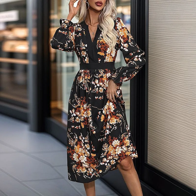 Women's Floral Print Midi Dress Long Sleeve Boho Dresses Spring Summer Casual Flowy Tunic Overall Jumpsuit Playsuit Matching Set view 4