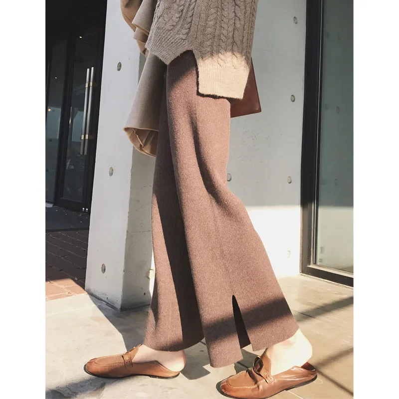 

2025 Autumn/Winter Women Pants Warm High Waist Loose Knitted Wide Leg Pants Baggy Side Slit Casual Pants Female