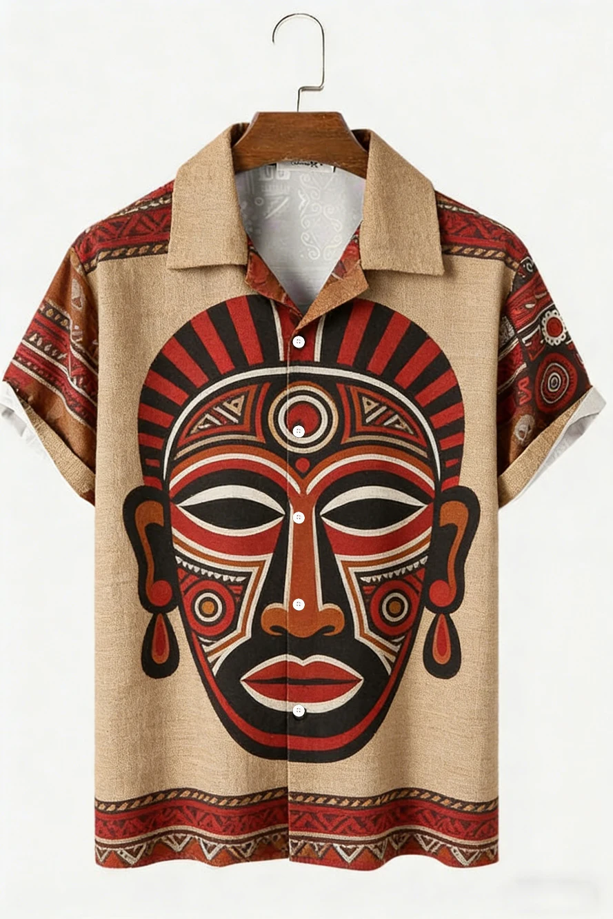 

Men's New Ethnic Style Character Natural 3D Printed Linen Casual Shirt Hawaiian Outdoor Activity Short-sleeved Clothing for Men