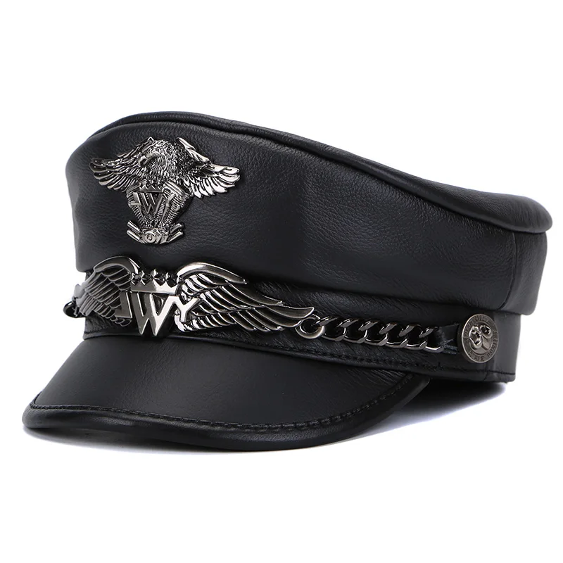 Unisex German Military Cap Man Genuine Leather Flat Top Hat Korean Fashion Eagle Mark Chain Punk Locomotive Casquette Male 5.0