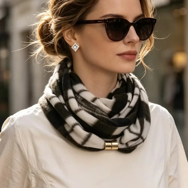 1-4PCS Womens Plaid Neck Warmer Magnetic Buckle Scarf Classic Checkered Winter Scarf Warm Neck Cover Autumn Winter Accessory