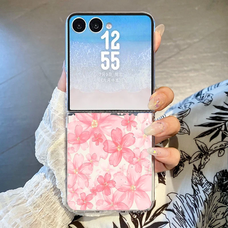 Pink Flower Pattern Phone Case For Samsung Galaxy Z Flip 8 7 6 5 4 3 Flip8 Flip7 FE Flip6 Clear Shockproof Folding Hard PC Cover