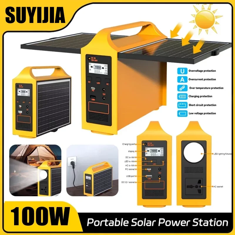 100W Portable Power Station 100V/220V Solar Power Generator UPS Charging Stations Outdoor Emergency Power Bank LED for Camping