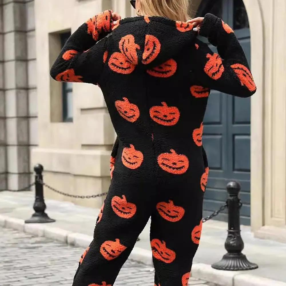 Women's Velvet Jumpsuit Halloween Pumpkin Printed Zipper Loose Plush Autumn Winter European American Style Fashion