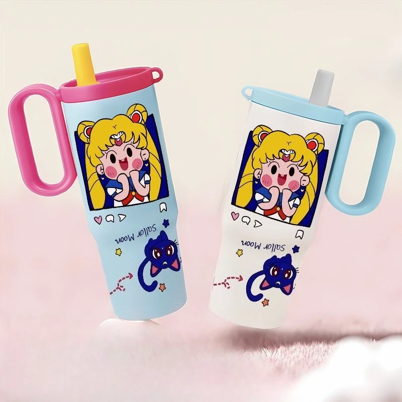 

730ml Sailor Moon Peripheral Kawaii Straw Big Mac Large Capacity Thermos Cup Anime Cute Tsukino Usagi Car Ice Ba Coffee Cup Gift