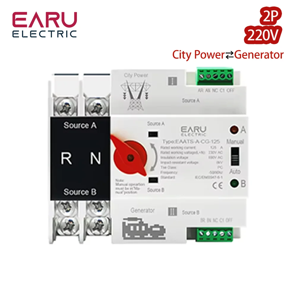 

Din Rail 2P ATS Dual Power Automatic Transfer Switch Selector Switches Uninterruptible Millisecond Power Generator 100A AC 220V