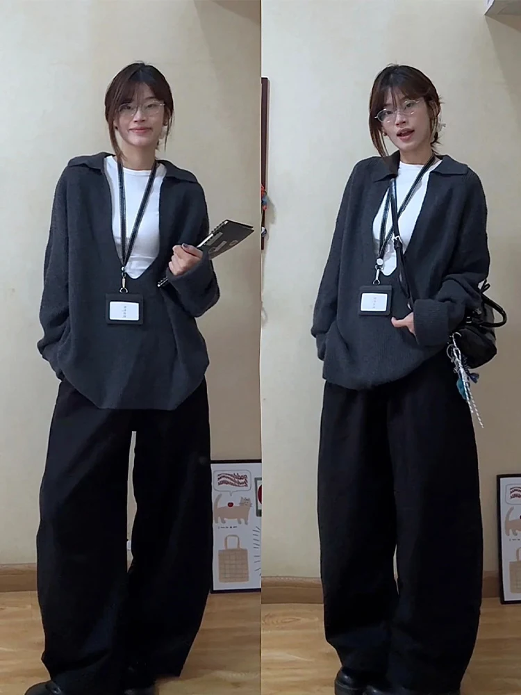 

plus Size Women's American Lazy Style Color Block U-Neck Sweater Top And T-Shirt Two-Piece Set Fashionable Autumn Winter Design