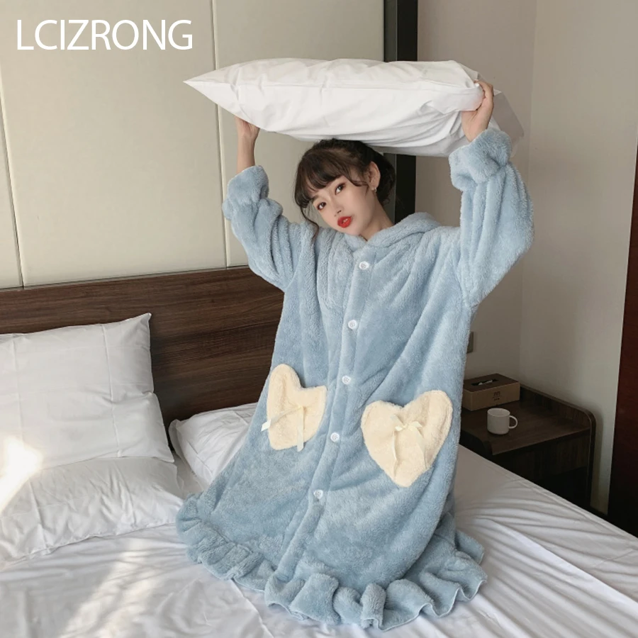 Winter Fashion Warm Thick Hooded Pajamas For Women Cute Ear Sweet Girl Loose Robes Long Pants Homewear Clothes Pijama Mujer