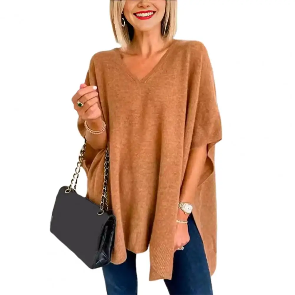

Commuter Style Sweater Stylish Women's V-neck Batwing Sleeveless Sweater Vest with High Low Hem Loose Fit Casual Top for Autumn