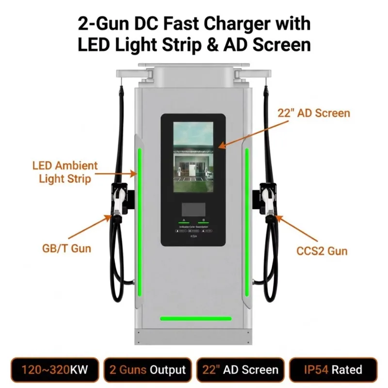 Customized Smart 320KW DC Rapid Charger Double Plugs LED Indicator Light 22 Inch Advertising Screen Multimedia EV Charging Stati